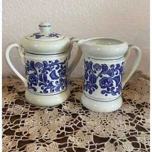 Antique Vivid Color Flow Blue & White Floral Sugar and Creamer Pitcher Set